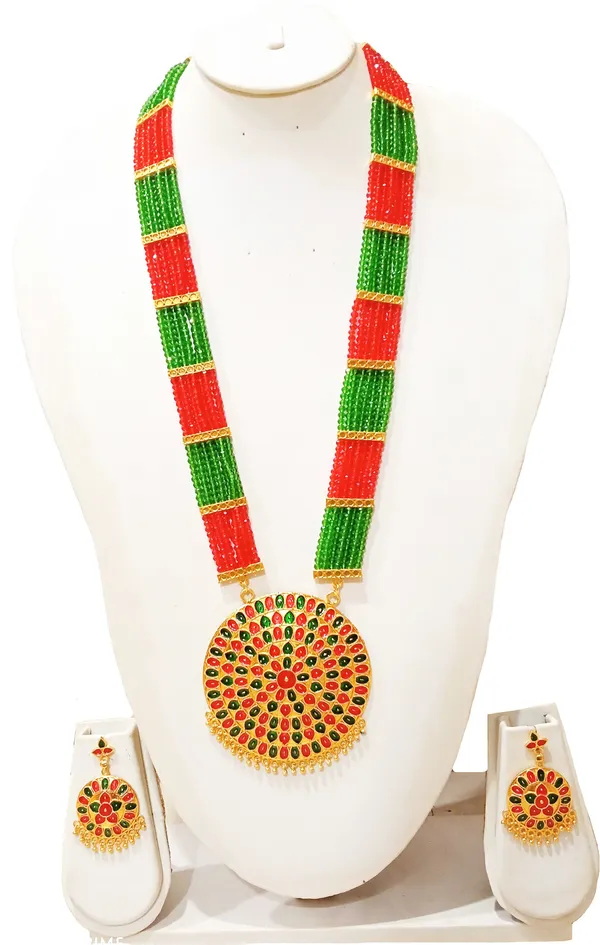 Assamese_Traditional_Gold_Plated_Red_Green_Colour_Japi_Tassel_Jewellery_Set_For_Women
